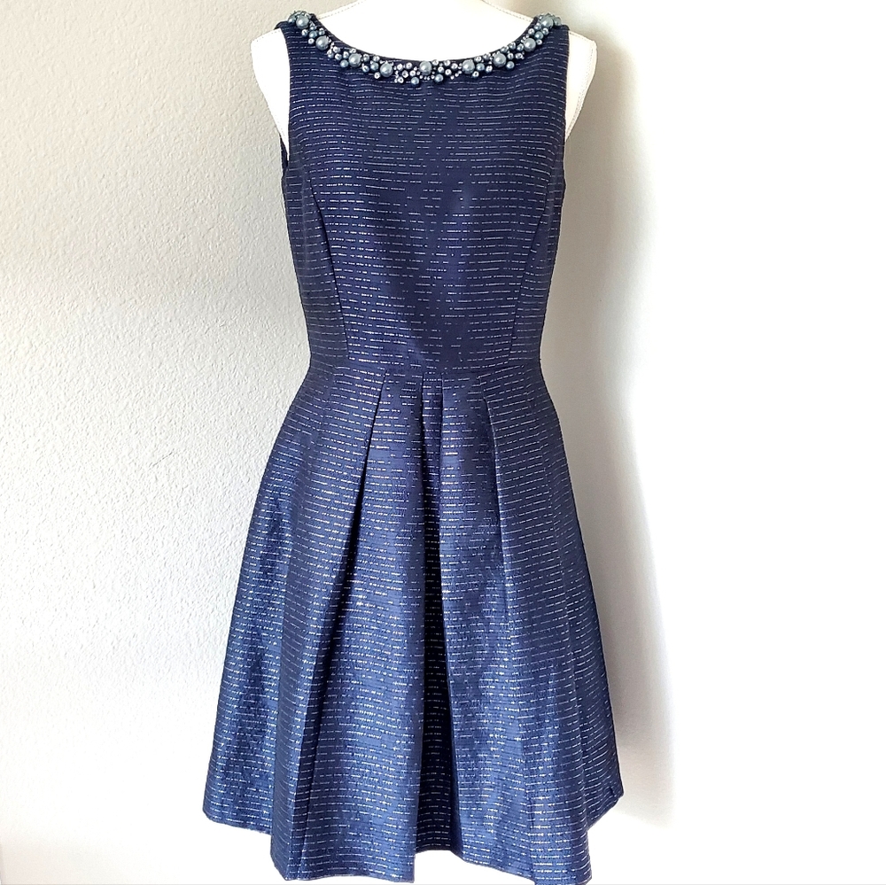 Tahari ASL Navy Blue Beaded Neckline Fit & Flare Dress Metallic Cocktail Size 4